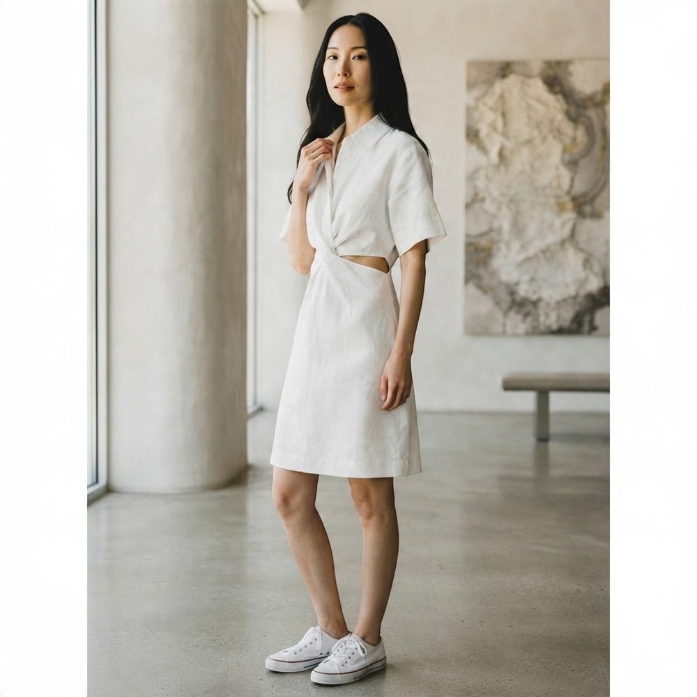 En Saison Off White Linen Mini Dress Cutout Waist Collared ES2325D Womens XS NWT